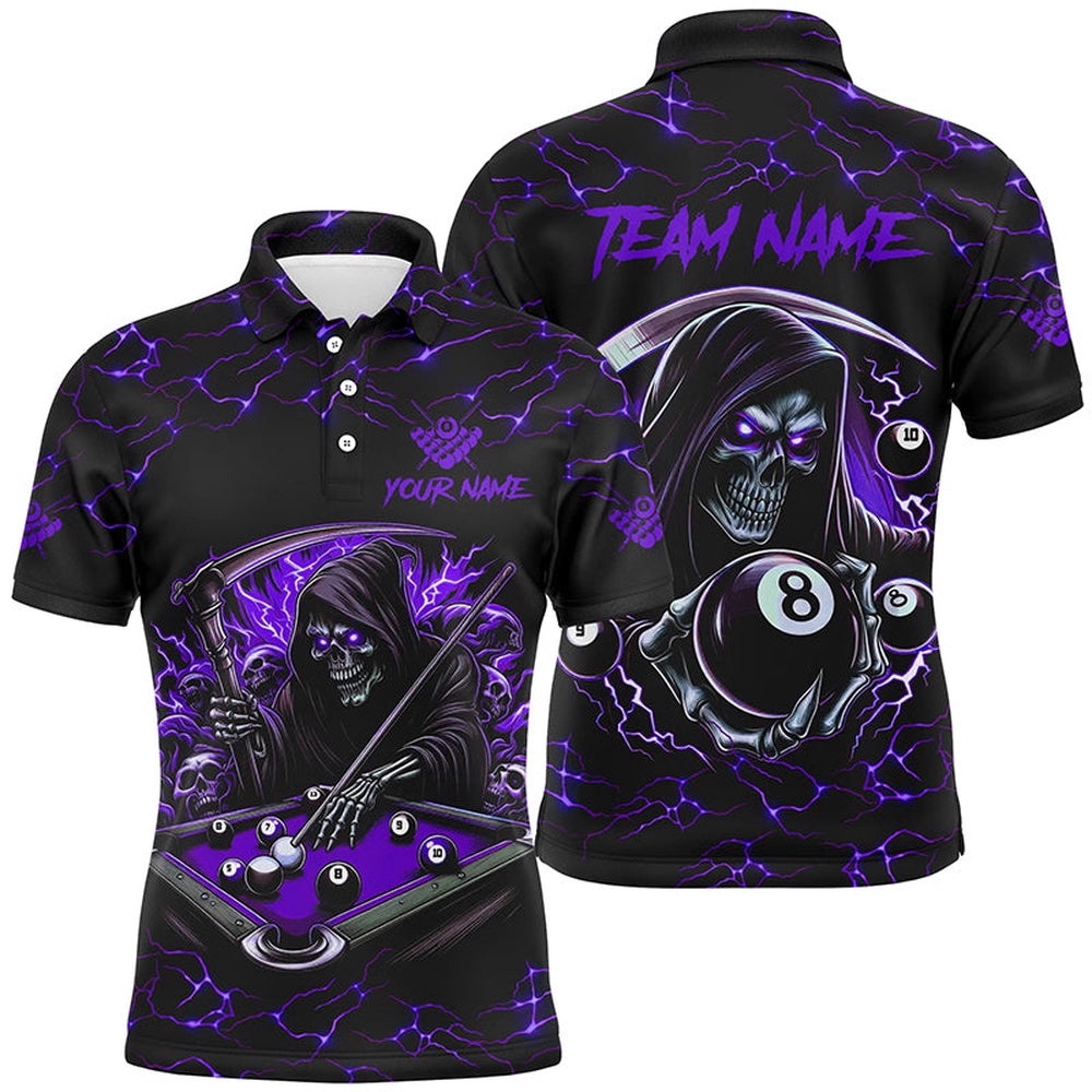 Purple Funny Death Skeleton 8 Ball Pool Billiard Shirts Custom Name Lightning Billiard Polo, Personalized Billiard Polo Shirt Purple Funny Death Skeleton 8 Ball Pool Billiard Shirts Custom Name Lightning Billiard Polo, Personalized Billiard Polo Shirt