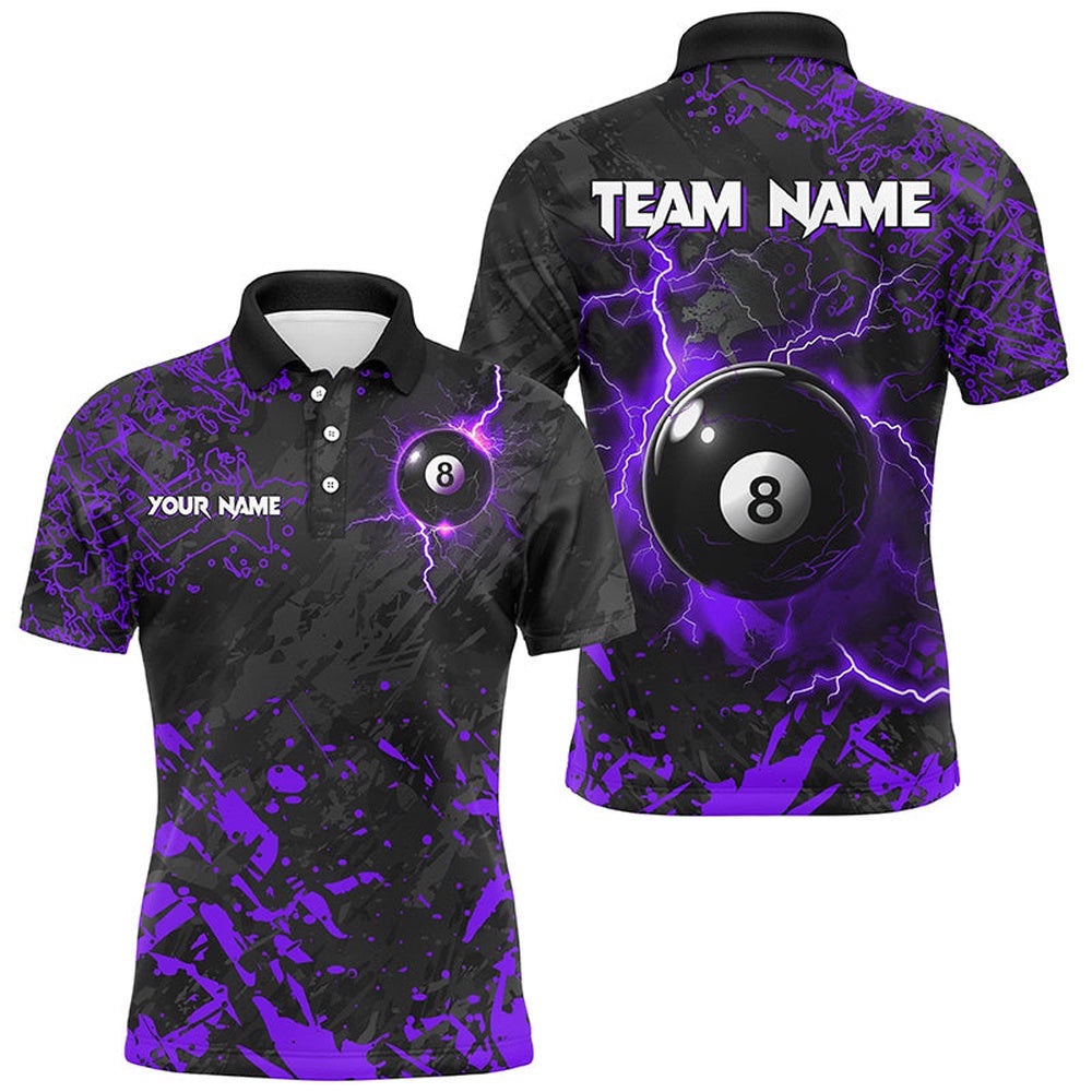 Purple Grunge 8 Ball Pool Thunder Lightning Polo Shirts Custom Team League Billiard Polo, Personalized Billiard Polo Shirt Purple Grunge 8 Ball Pool Thunder Lightning Polo Shirts Custom Team League Billiard Polo, Personalized Billiard Polo Shirt