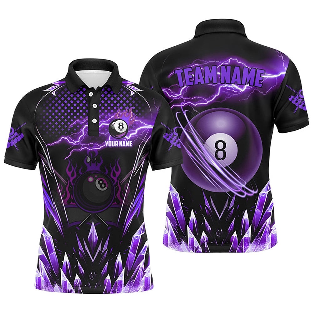 Purple Icy Lightning 8 Ball Pool Polo Shirts Custom Billiard Team League Polo, Personalized Billiard Polo Shirt