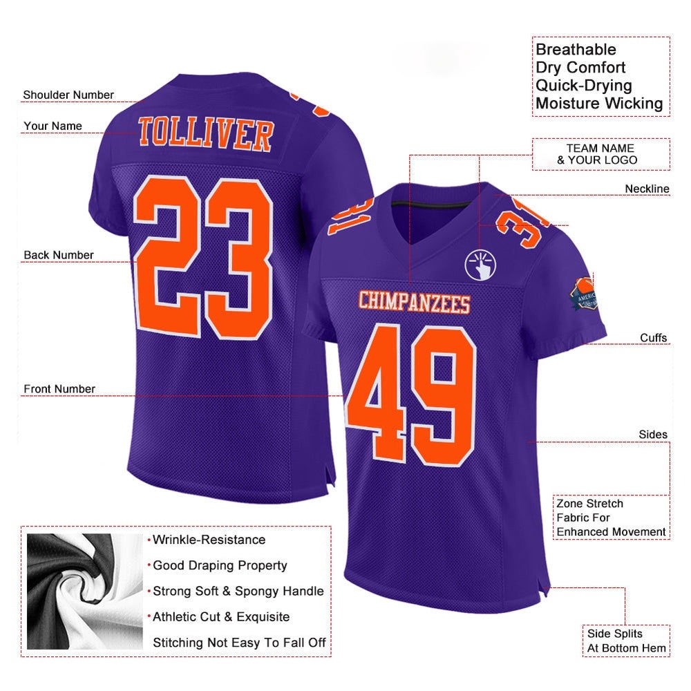 Purple Orange White Mesh Authentic Football Jersey, Personalized Football Jersey, Football Team Jersey, Football Outfits