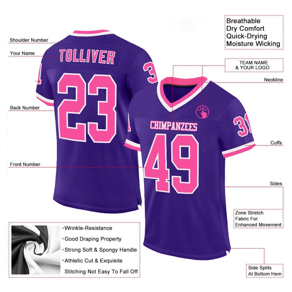 Purple Pink White Mesh Authentic Throwback Football Jersey, Personalized Football Jersey, Football Team Jersey, Football Outfits