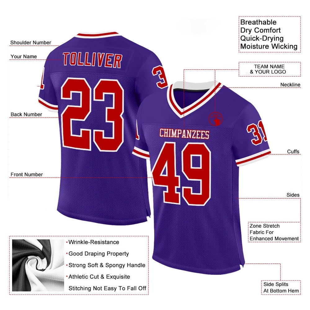 Purple Red White Mesh Authentic Throwback Football Jersey, Personalized Football Jersey, Football Team Jersey, Football Outfits