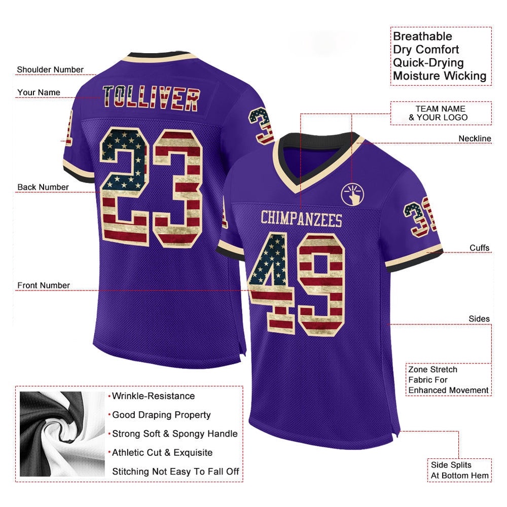 Purple Vintage USA Flag Cream Black Mesh Authentic Throwback Football Jersey, Personalized Football Jersey, Football Team Jersey