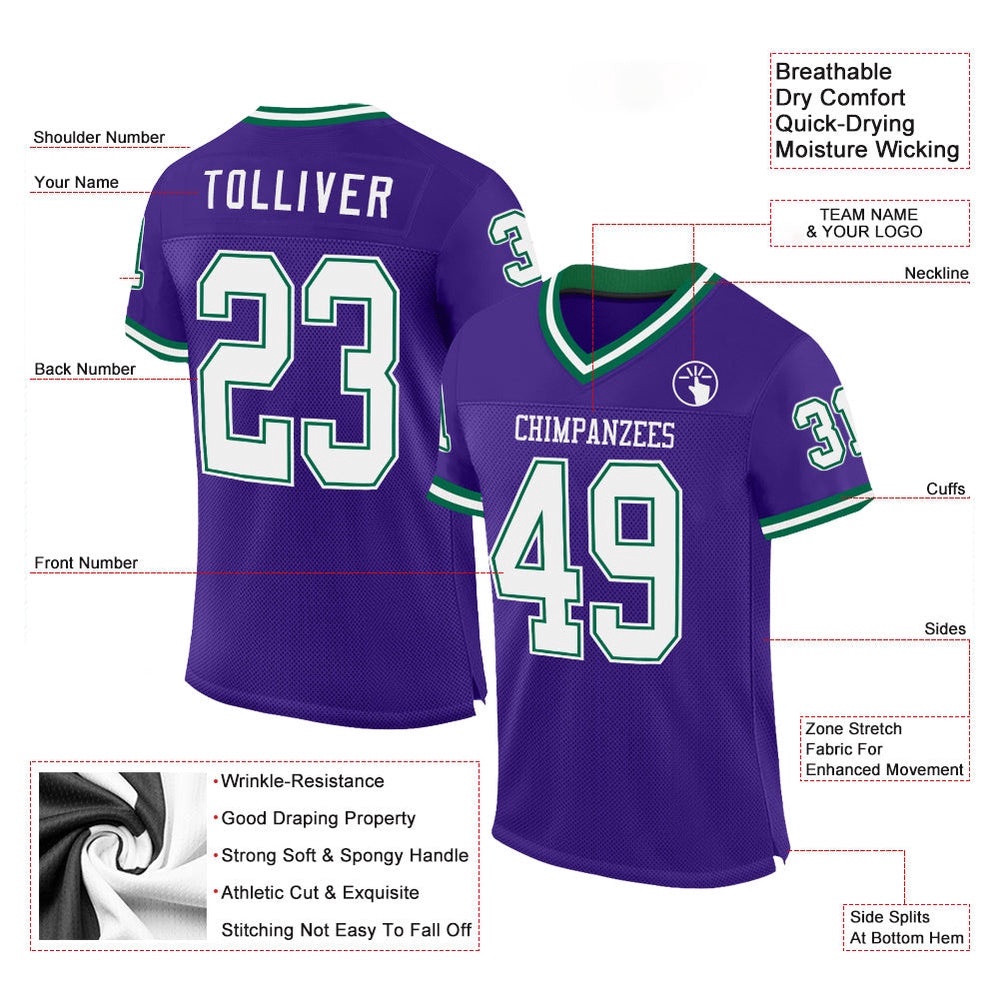 Purple White Kelly Green Mesh Authentic Throwback Football Jersey, Personalized Football Jersey, Football Team Jersey, Football Outfits