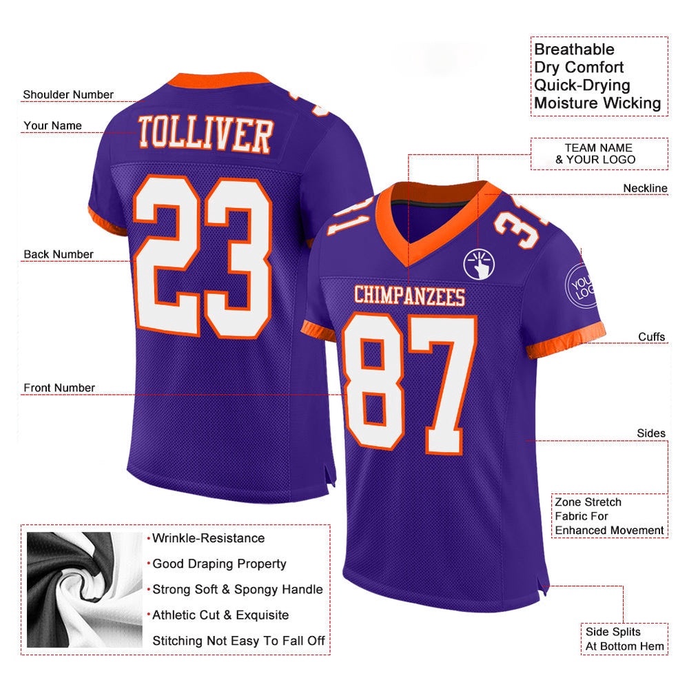 Purple White Orange Mesh Authentic Football Jersey, Personalized Football Jersey, Football Team Jersey, Football Outfits
