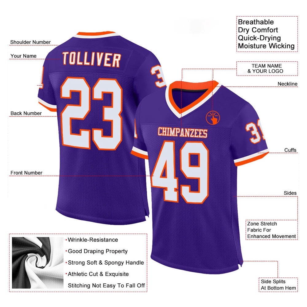 Purple White Orange Mesh Authentic Throwback Football Jersey, Personalized Football Jersey, Football Team Jersey, Football Outfits Purple White Orange Mesh Authentic Throwback Football Jersey, Personalized Football Jersey, Football Team Jersey, Football Outfits