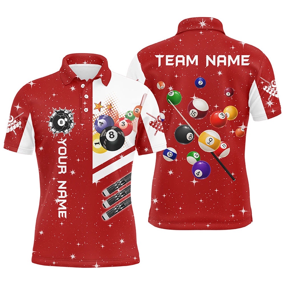 Red 3D Billiard Balls Polo Shirts Custom Name Billiard Team League Polo, Personalized Billiard Polo Shirt Red 3D Billiard Balls Polo Shirts Custom Name Billiard Team League Polo, Personalized Billiard Polo Shirt