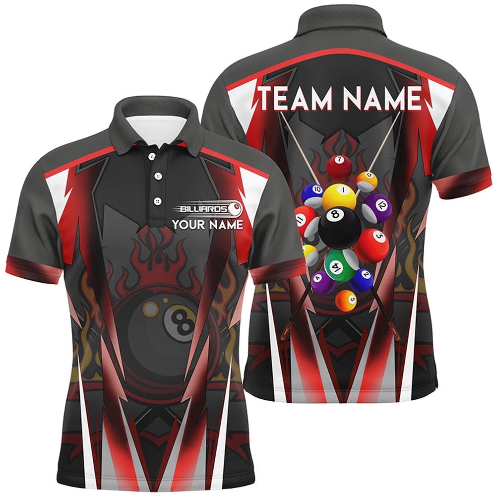 Red 8 Ball Pool Fire Billiard Balls Polo Shirts Customized Team League Billiard Polo, Personalized Billiard Polo Shirt