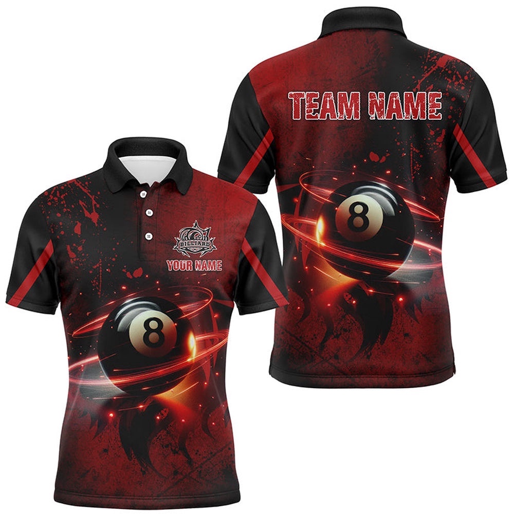 Red Glowing 8 Ball Pool Custom 3D Printed Billiard Polo, Best Billiard Shirts For Team, Personalized Billiard Polo Shirt