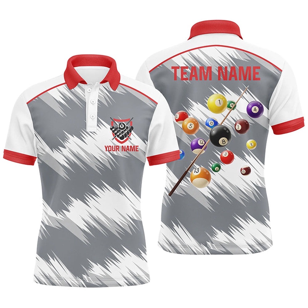 Red Grey Billiard Balls 3D Polo Shirts, Custom 8 Ball Billiard Team Polo, Personalized Billiard Polo Shirt Red Grey Billiard Balls 3D Polo Shirts, Custom 8 Ball Billiard Team Polo, Personalized Billiard Polo Shirt
