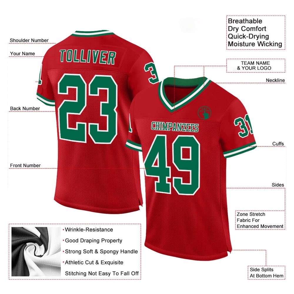 Red Kelly Green White Mesh Authentic Throwback Football Jersey, Personalized Football Jersey, Football Team Jersey, Football Outfits