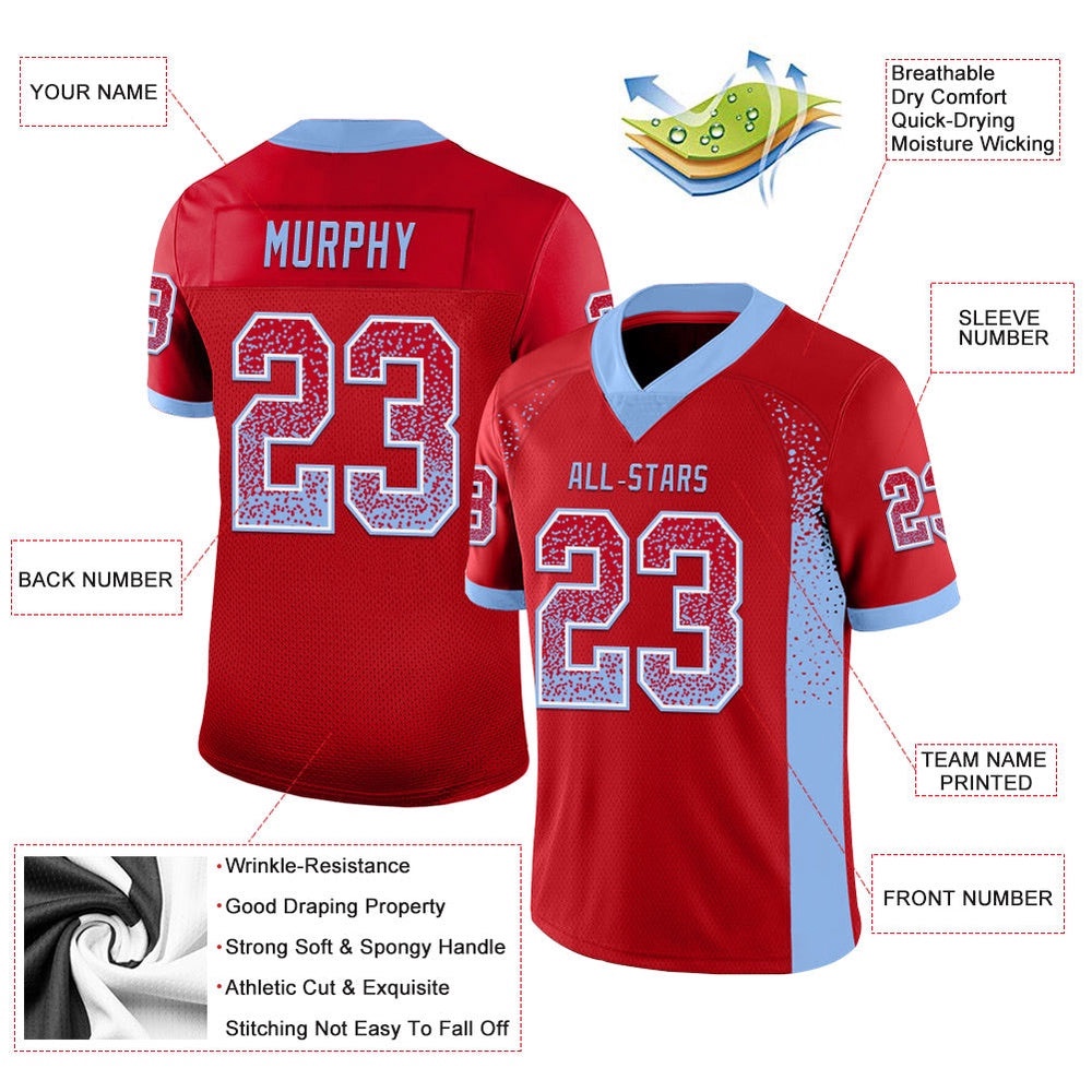 Red Light Blue White Mesh Drift Fashion Football Jersey, Personalized Football Jersey, Football Team Jersey, Football Outfits