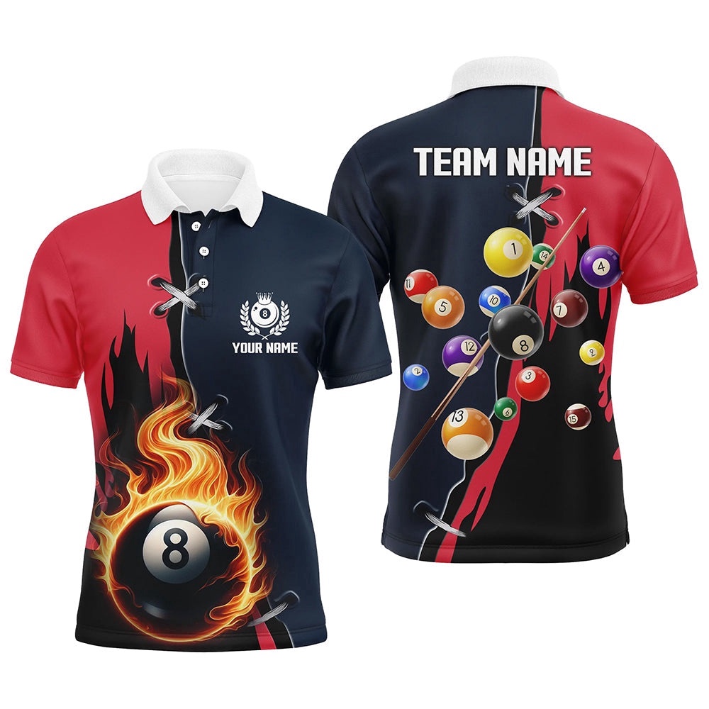 Red Navy 8 Ball Pool Polo Polo Shirts Custom Unique Billiard Balls Shirts, Personalized Billiard Polo Shirt