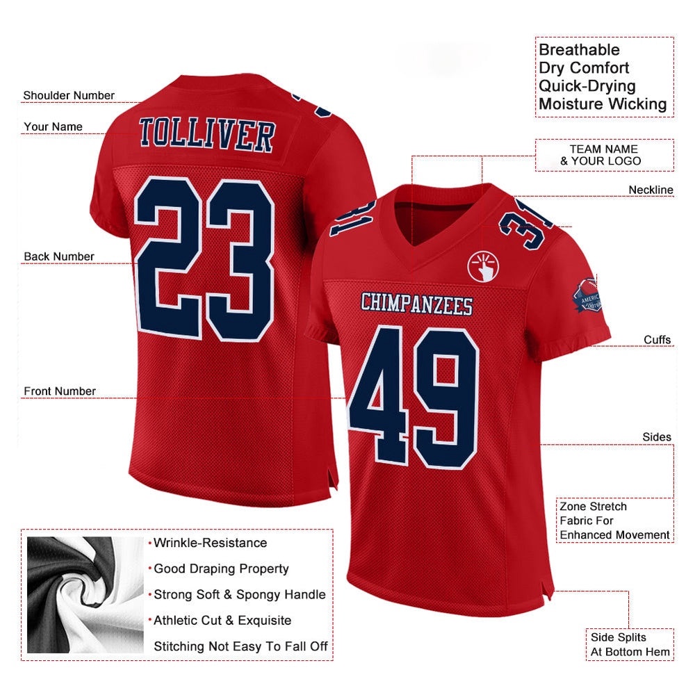 Red Navy White Mesh Authentic Football Jersey, Personalized Football Jersey, Football Team Jersey, Football Outfits