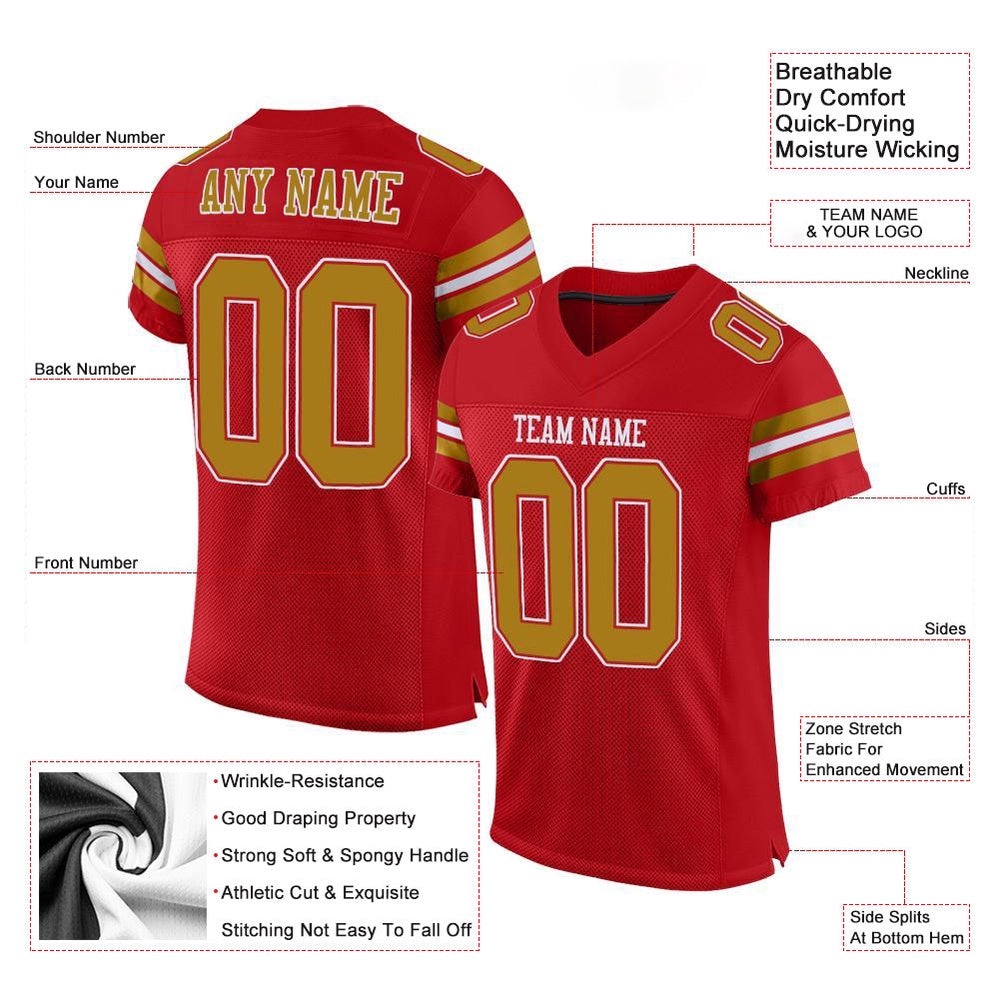 Red Old Gold White Mesh Authentic Football Jersey, Personalized Football Jersey, Football Team Jersey, Football Outfits Red Old Gold White Mesh Authentic Football Jersey, Personalized Football Jersey, Football Team Jersey, Football Outfits