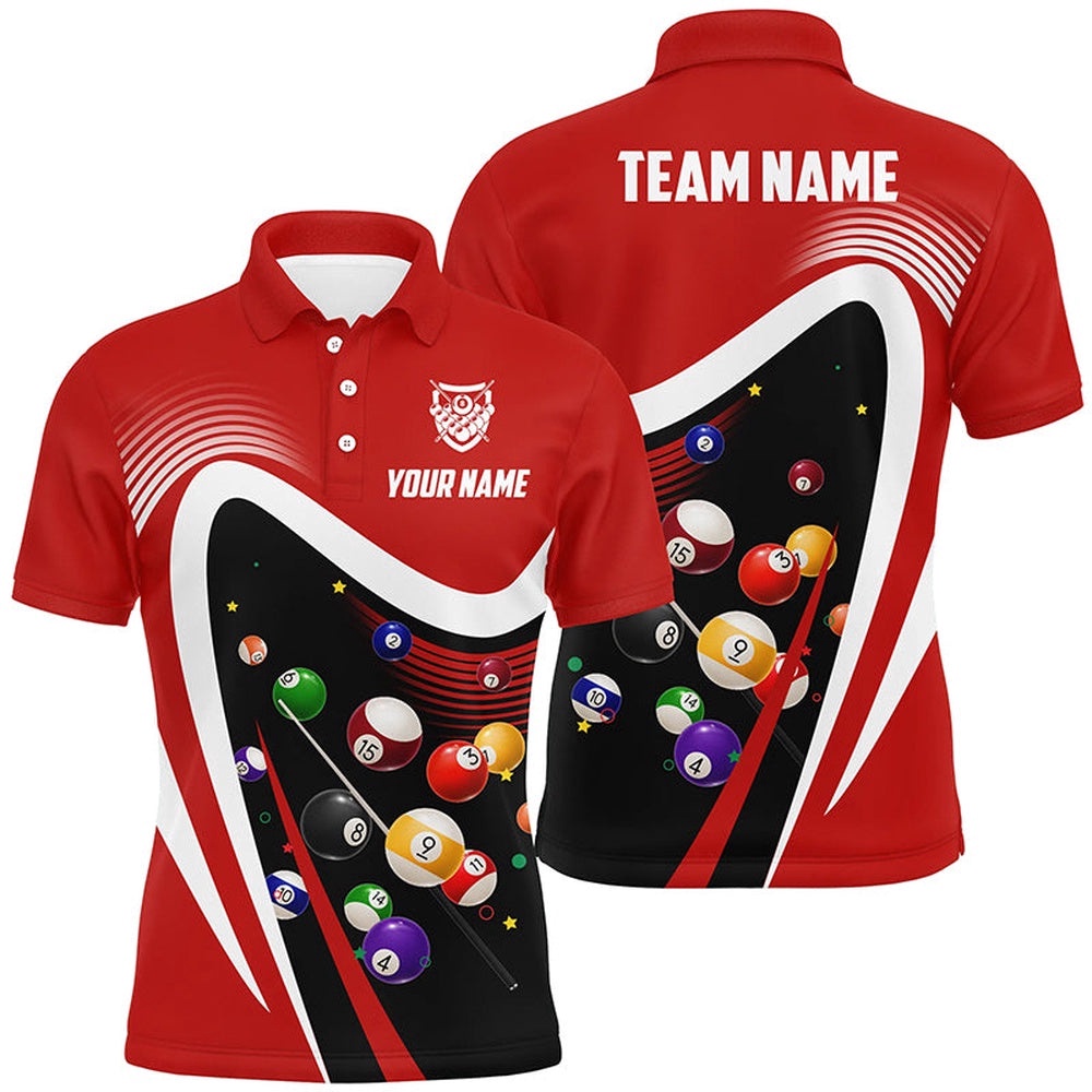 Red Sport Billiard Balls 3D Polo Shirts, Custom 8 Ball Billiard Team Polo, Personalized Billiard Polo Shirt