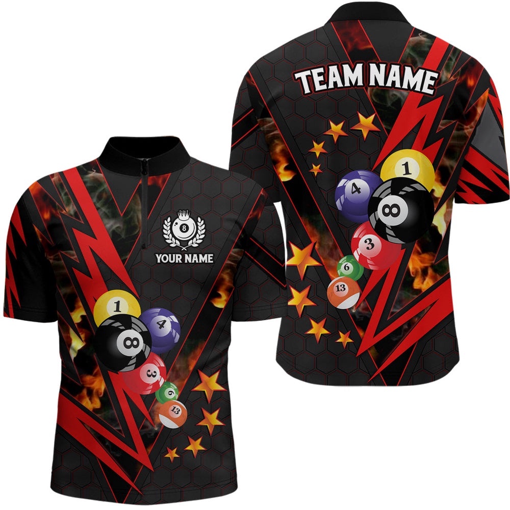 Red Thunder Billiard Balls 3D Jersey Shirts Custom Team Name Billiard Jerseys, Personalized Billiard Team Jersey Shirt