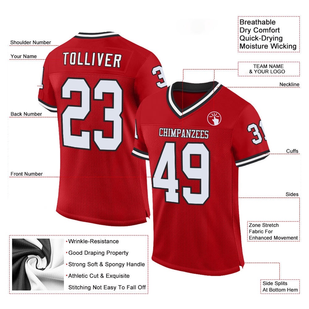 Red White Black Mesh Authentic Throwback Football Jersey, Personalized Football Jersey, Football Team Jersey, Football Outfits