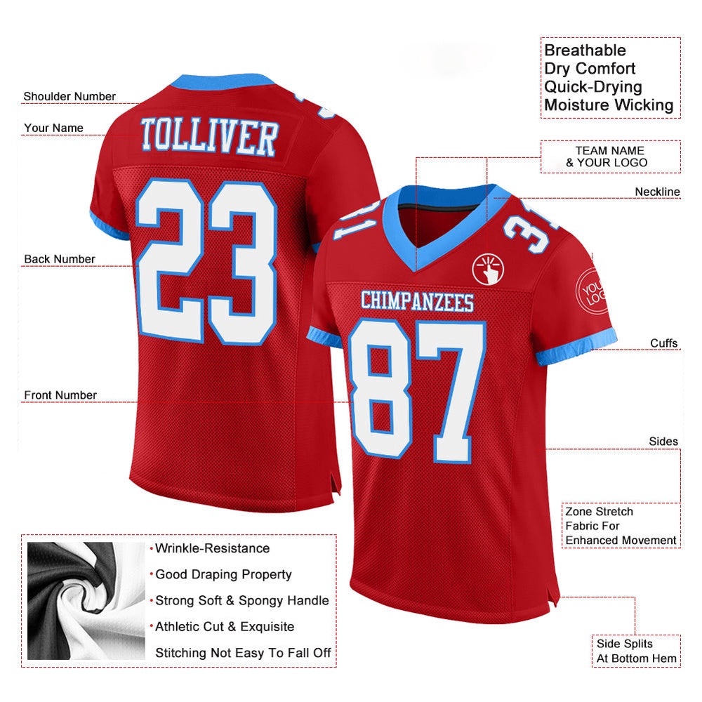 Red White Electric Blue Mesh Authentic Football Jersey, Personalized Football Jersey, Football Team Jersey, Football Outfits