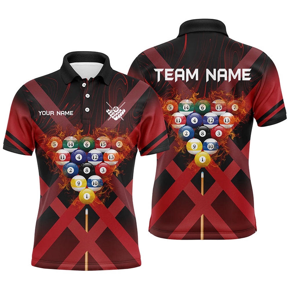 Red X-Shaped Billiard Balls Flame 3D Polo Shirts Best Custom Billiard Attire, Personalized Billiard Polo Shirt