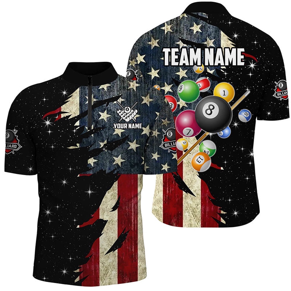 Retro American Flag Dark Galaxy Custom Billiard Balls Pool Shirt, Patriotic Billiard Shirts, Personalized Billiard Team Jersey Shirt