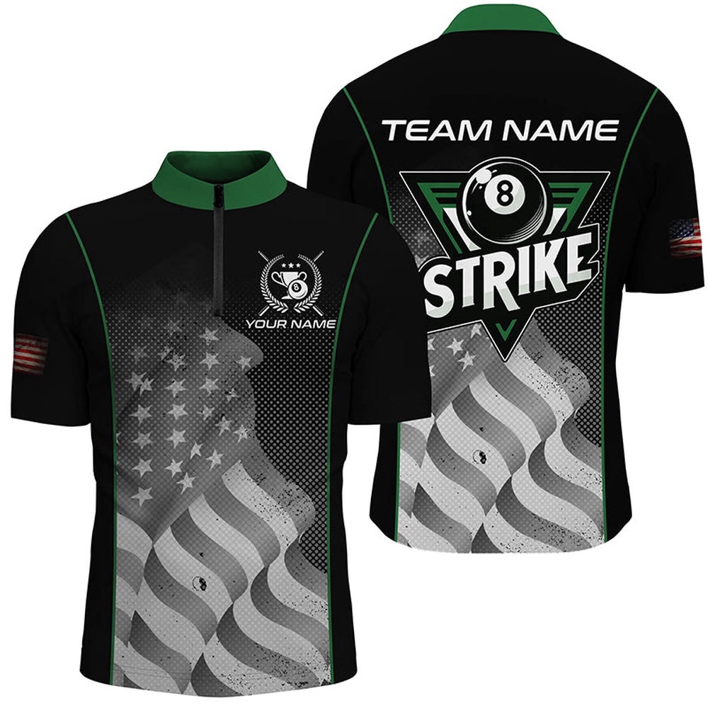 Retro American Flag Strike 8 Ball Billiard Shirts Custom Patriotic Billiard Jerseys Green, Personalized Billiard Team Jersey Shirt