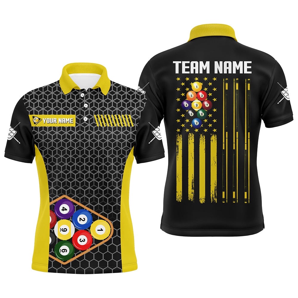 Retro US Flag 9 Ball Pool Billiard Shirts Custom Yellow Black Billiard Polo, Personalized Billiard Polo Shirt Retro US Flag 9 Ball Pool Billiard Shirts Custom Yellow Black Billiard Polo, Personalized Billiard Polo Shirt