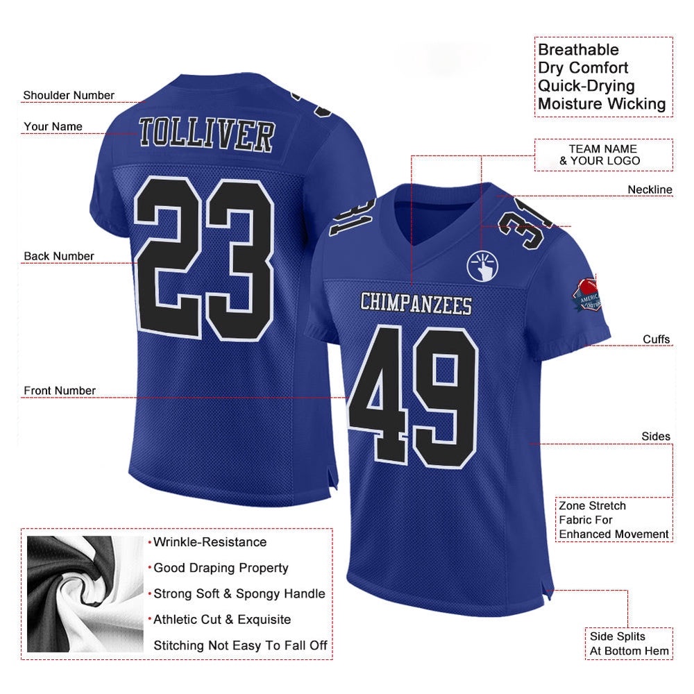 Royal Black White Mesh Authentic Football Jersey, Personalized Football Jersey, Football Team Jersey, Football Outfits