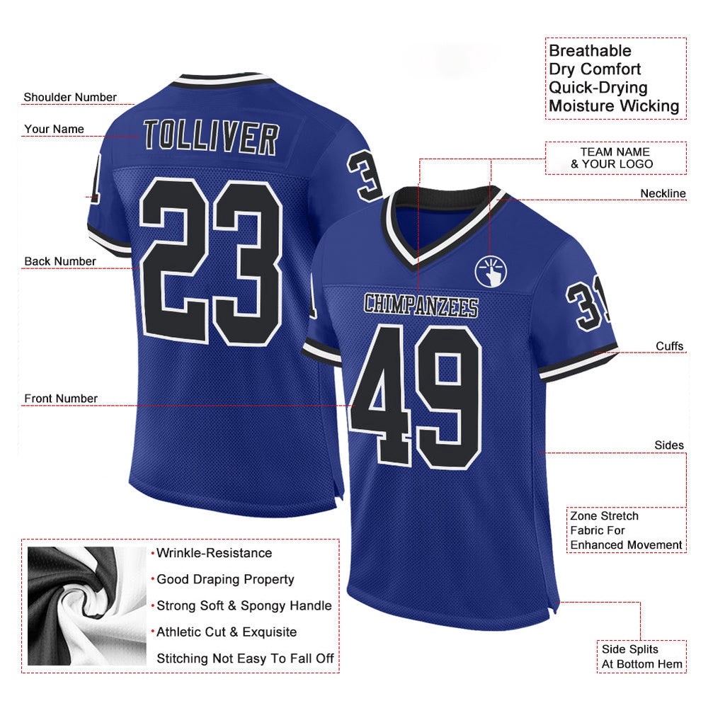 Royal Black White Mesh Authentic Throwback Football Jersey, Personalized Football Jersey, Football Team Jersey, Football Outfits