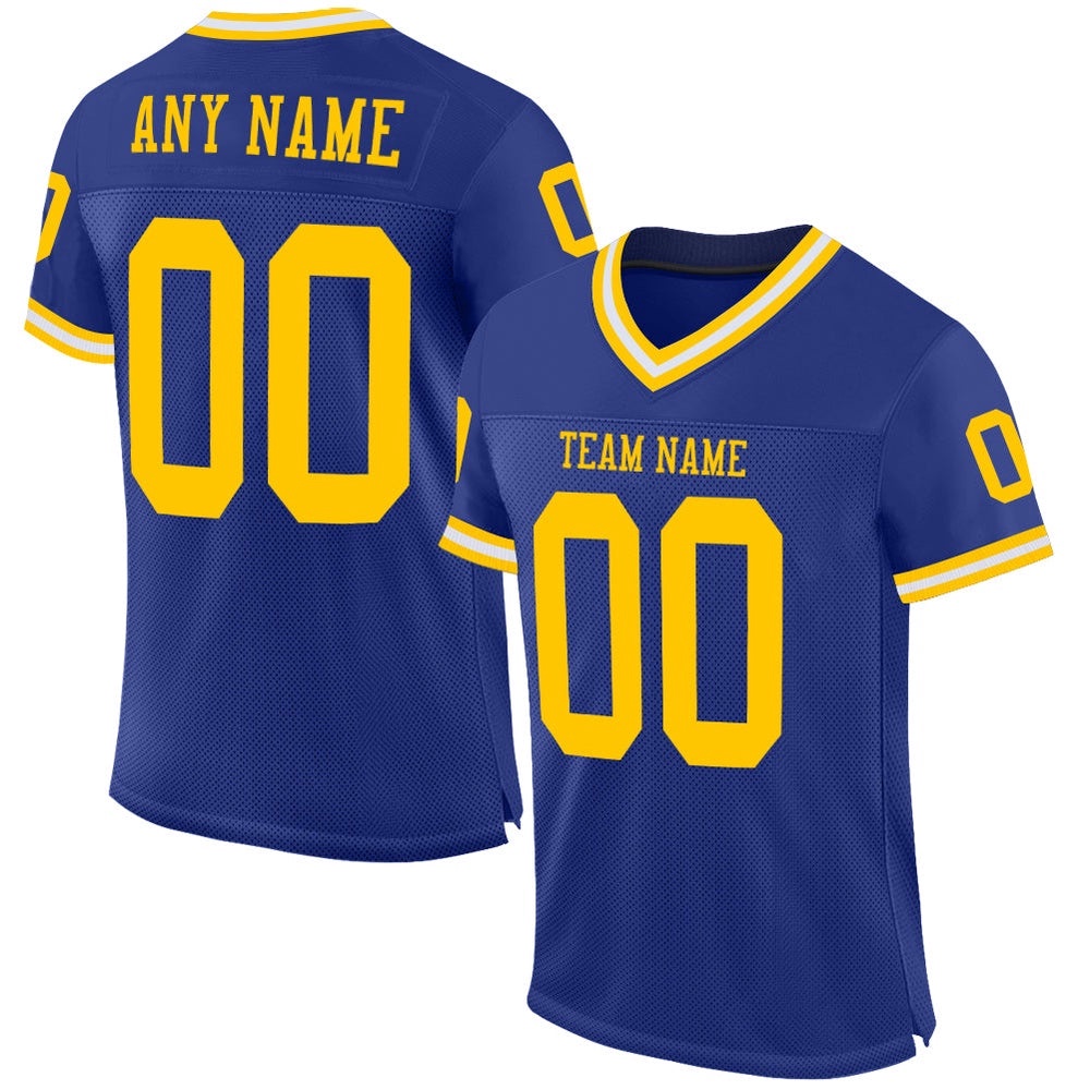 Royal Gold White Mesh Authentic Throwback Football Jersey, Personalized Football Jersey, Football Team Jersey, Football Outfits