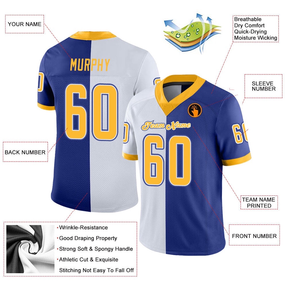 Royal Gold White Mesh Split Fashion Football Jersey, Personalized Football Jersey, Football Team Jersey, Football Outfits