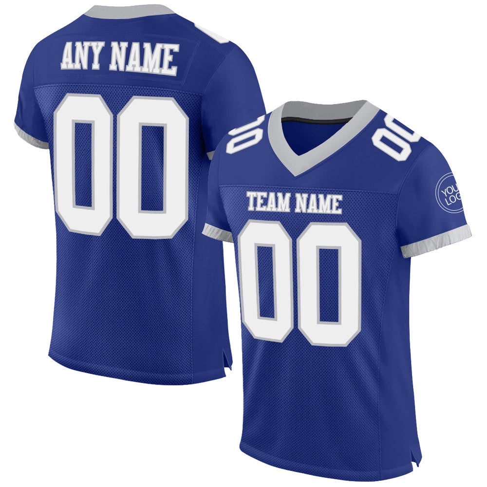 Royal White Gray Mesh Authentic Football Jersey, Personalized Football Jersey, Football Team Jersey, Football Outfits Royal White Gray Mesh Authentic Football Jersey, Personalized Football Jersey, Football Team Jersey, Football Outfits
