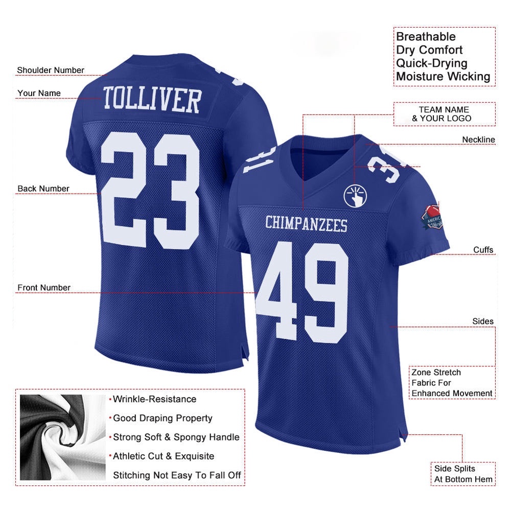 Royal White Mesh Authentic Football Jersey, Personalized Football Jersey, Football Team Jersey, Football Outfits