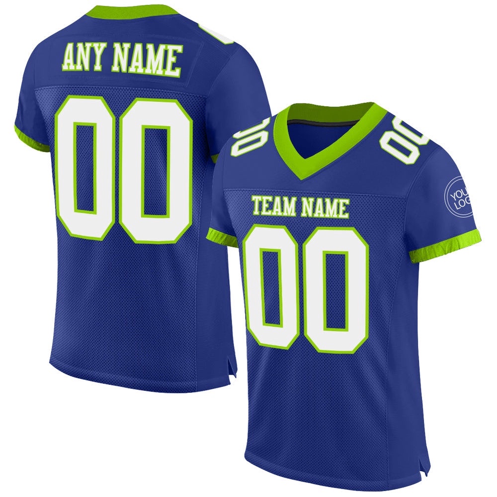 Royal White Neon Green Mesh Authentic Football Jersey, Personalized Football Jersey, Football Team Jersey, Football Outfits Royal White Neon Green Mesh Authentic Football Jersey, Personalized Football Jersey, Football Team Jersey, Football Outfits