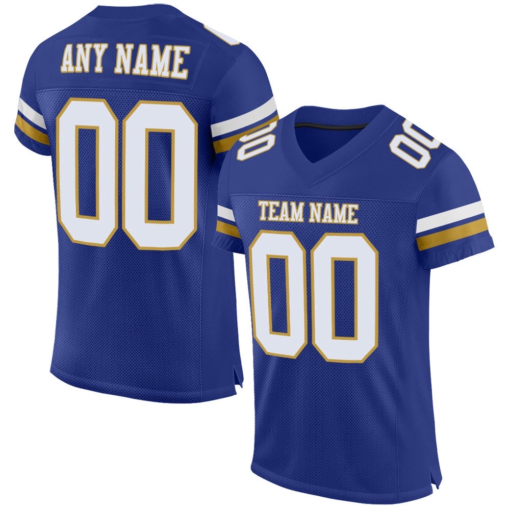 Royal White Old Gold Mesh Authentic Football Jersey, Personalized Football Jersey, Football Team Jersey, Football Outfits Royal White Old Gold Mesh Authentic Football Jersey, Personalized Football Jersey, Football Team Jersey, Football Outfits