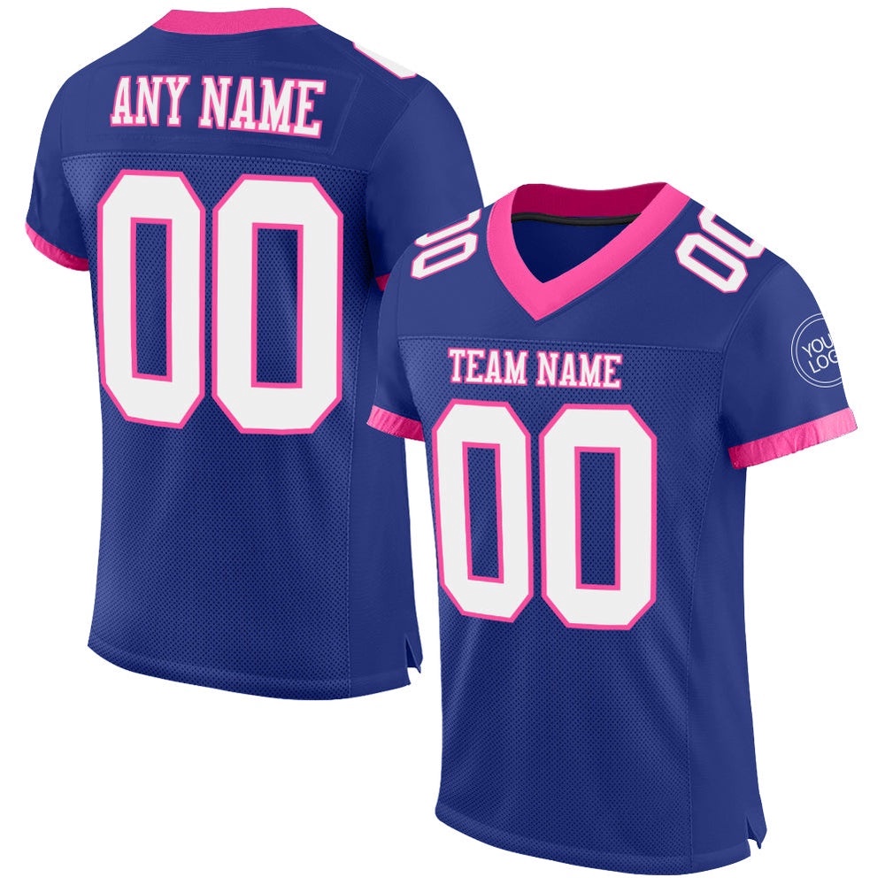Royal White Pink Mesh Authentic Football Jersey, Personalized Football Jersey, Football Team Jersey, Football Outfits Royal White Pink Mesh Authentic Football Jersey, Personalized Football Jersey, Football Team Jersey, Football Outfits