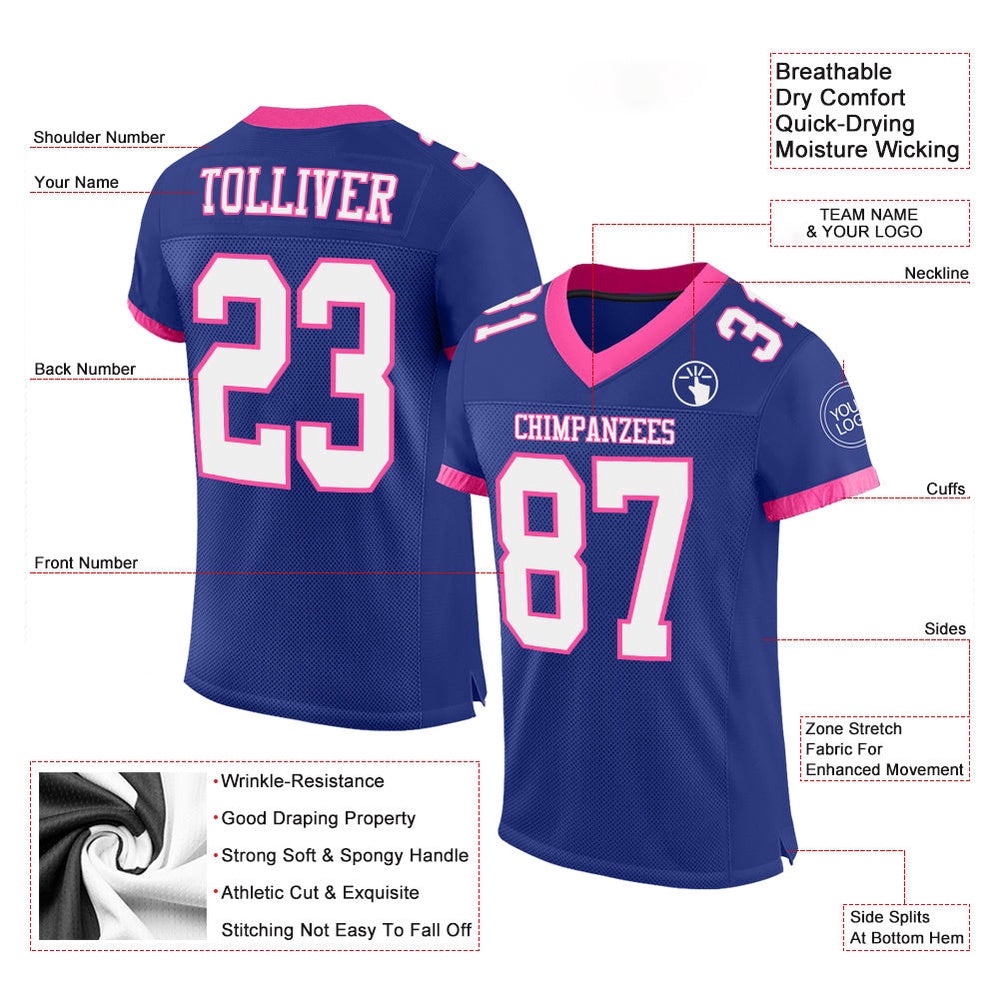 Royal White Pink Mesh Authentic Football Jersey, Personalized Football Jersey, Football Team Jersey, Football Outfits Royal White Pink Mesh Authentic Football Jersey, Personalized Football Jersey, Football Team Jersey, Football Outfits