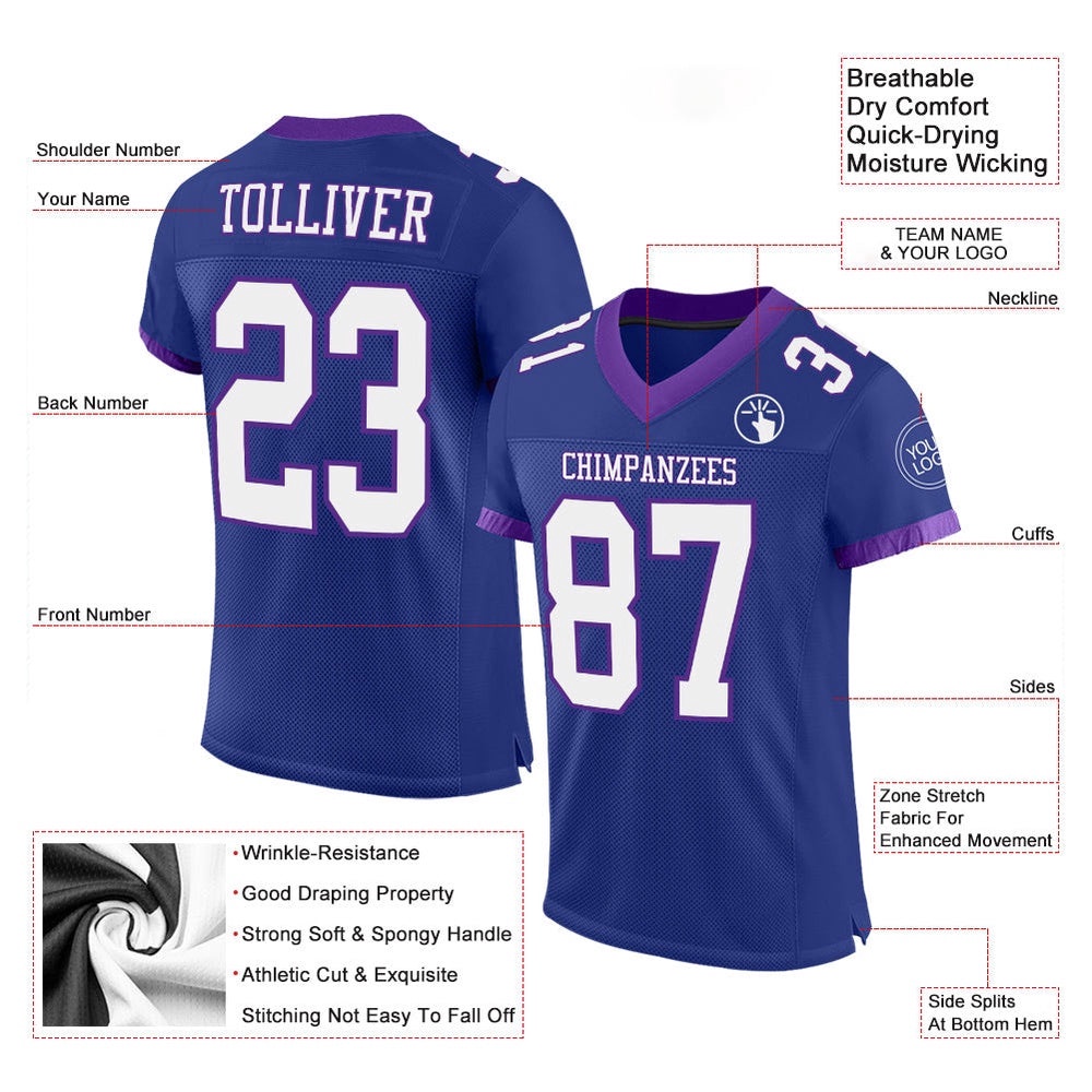 Royal White Purple Mesh Authentic Football Jersey, Personalized Football Jersey, Football Team Jersey, Football Outfits Royal White Purple Mesh Authentic Football Jersey, Personalized Football Jersey, Football Team Jersey, Football Outfits