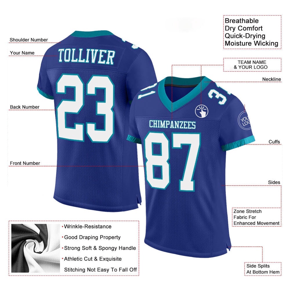 Royal White Teal Mesh Authentic Football Jersey, Personalized Football Jersey, Football Team Jersey, Football Outfits Royal White Teal Mesh Authentic Football Jersey, Personalized Football Jersey, Football Team Jersey, Football Outfits