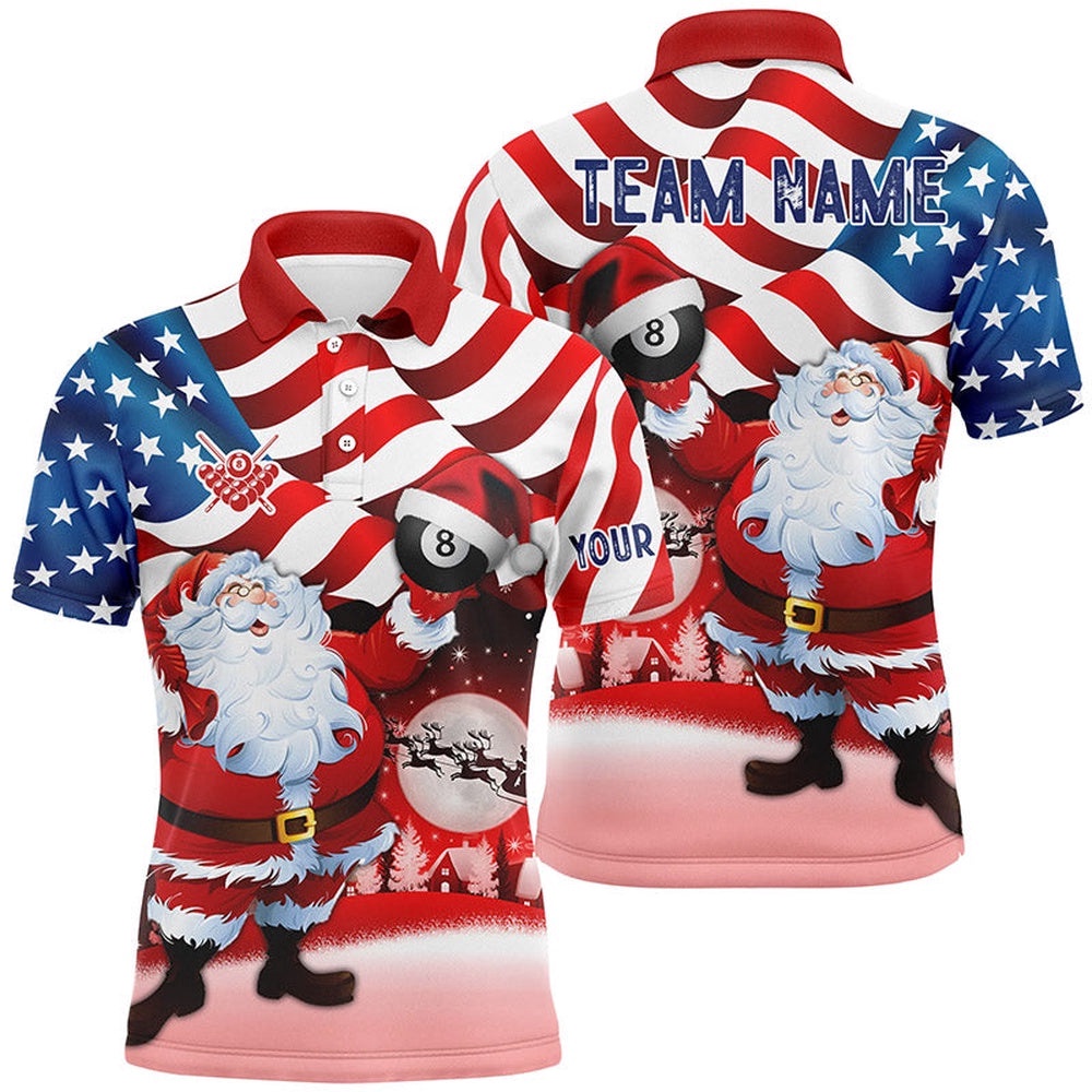 Santa Holding Billiard 8 Ball Custom Name Usa Flag Polo Shirts Best Christmas Shirt Idea Gifts, Personalized Billiard Polo Shirt Santa Holding Billiard 8 Ball Custom Name Usa Flag Polo Shirts Best Christmas Shirt Idea Gifts, Personalized Billiard Polo Shirt