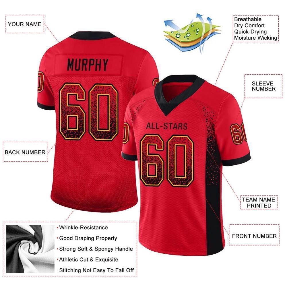 Scarlet Black Gold Mesh Drift Fashion Football Jersey, Personalized Football Jersey, Football Team Jersey, Football Outfits