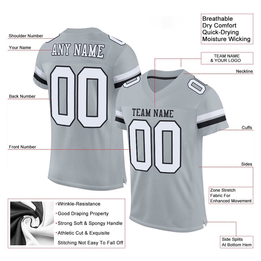 Silver White Black Mesh Authentic Football Jersey, Personalized Football Jersey, Football Team Jersey, Football Outfits Silver White Black Mesh Authentic Football Jersey, Personalized Football Jersey, Football Team Jersey, Football Outfits