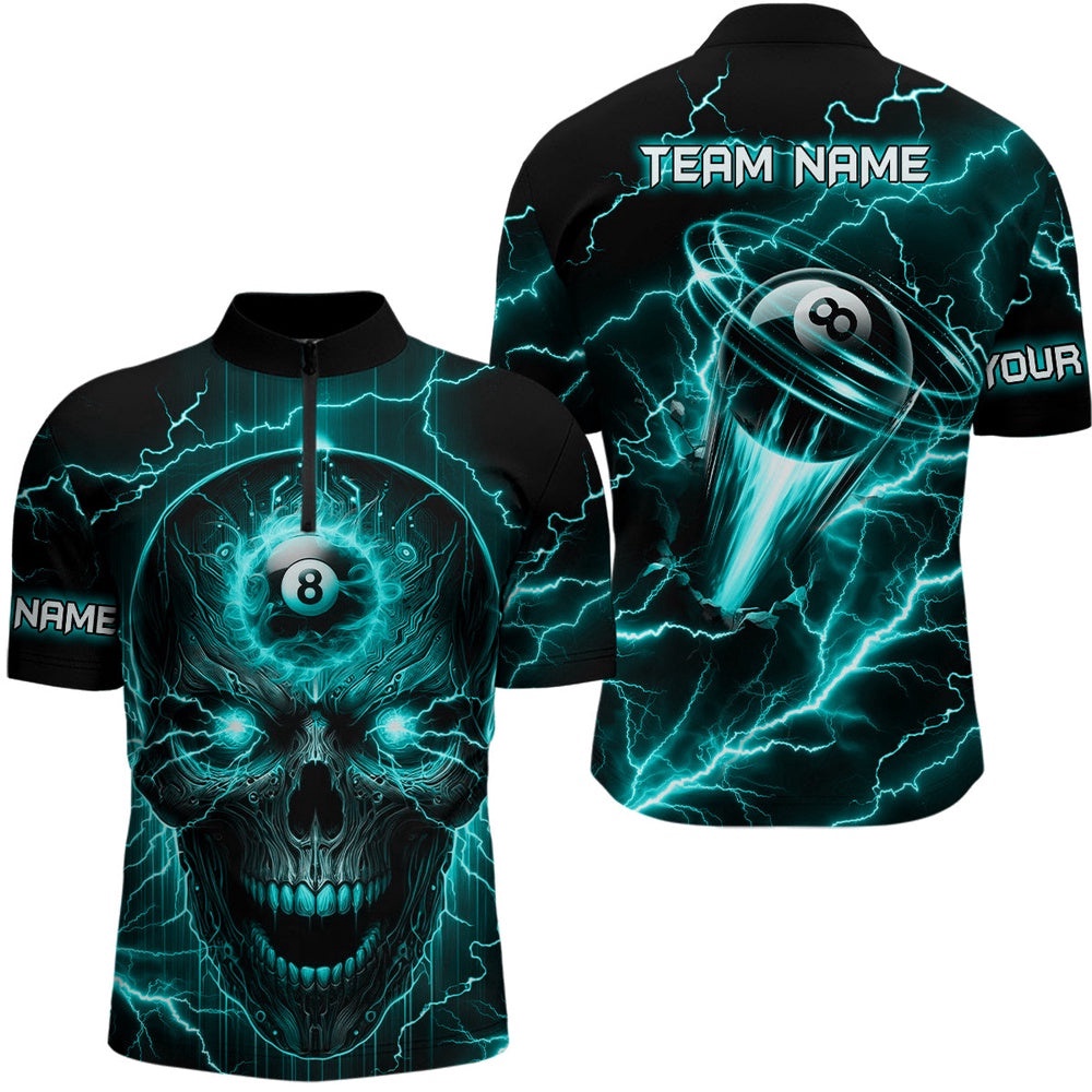 Skull Billiard Jersey Shirts Custom Name 8 Ball Pool Billiard Jerseys Turquoise, Personalized Billiard Team Jersey Shirt