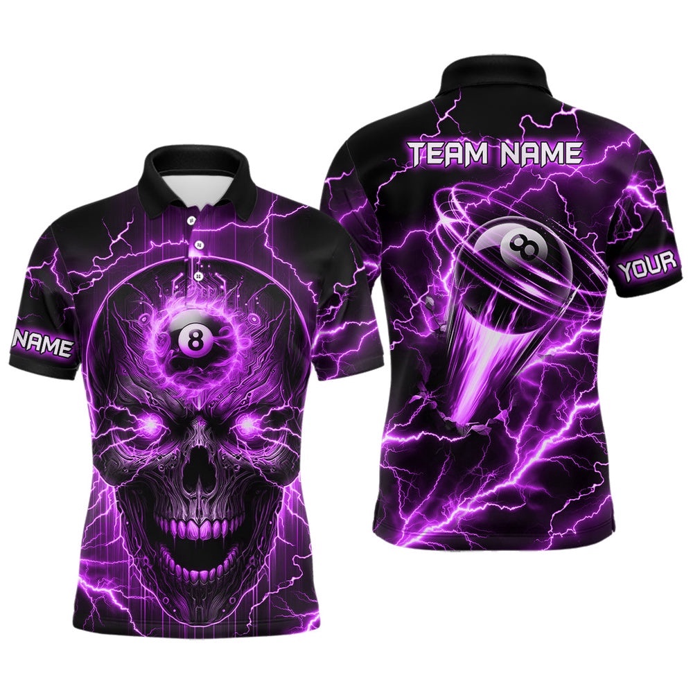 Skull Billiard Shirts Custom Name 8 Ball Pool Billiard Polo Purple, Personalized Billiard Polo Shirt