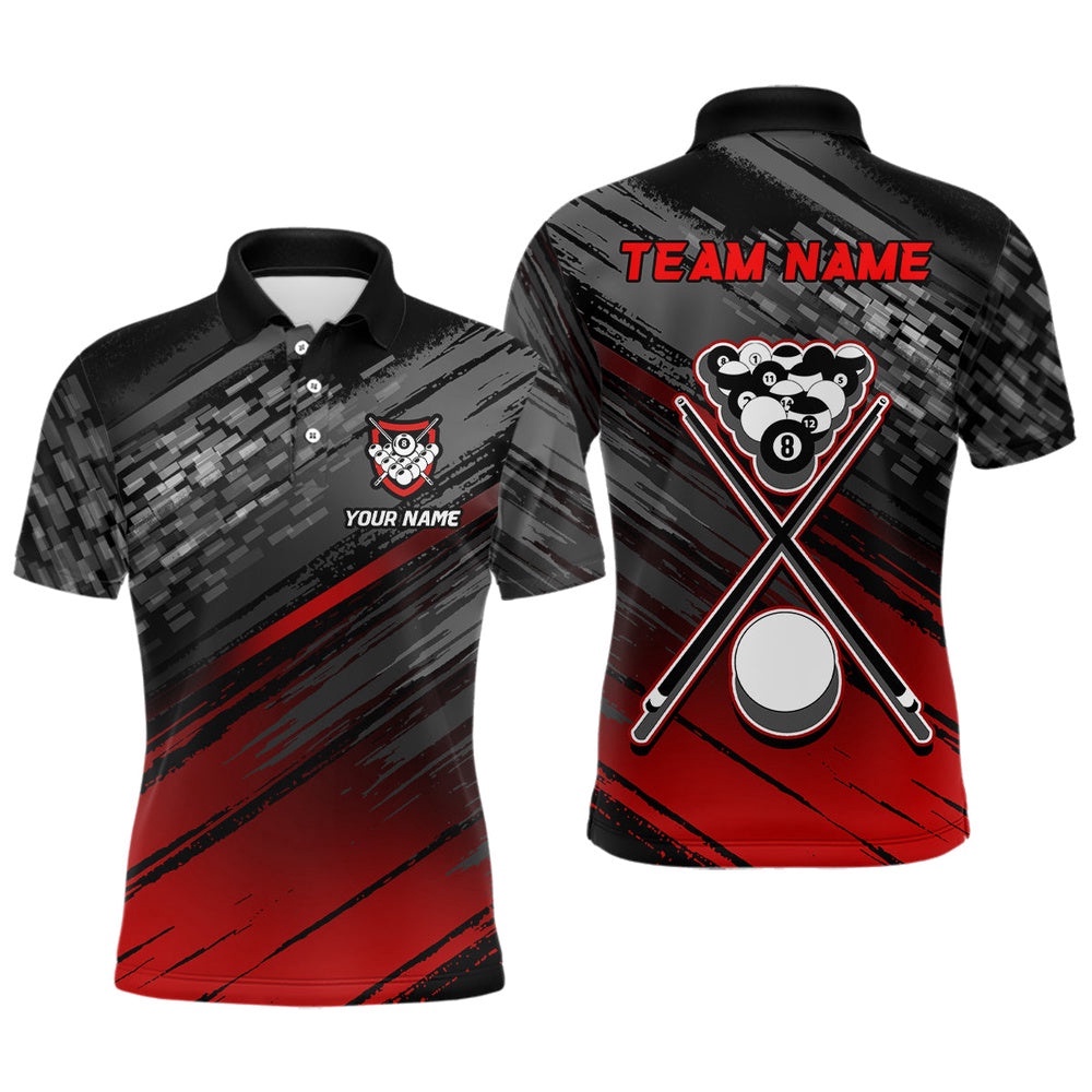 Sports Style Black Red 8 Ball Pool Polo Shirts, Custom Billiard 8 Ball Polo, Personalized Billiard Polo Shirt