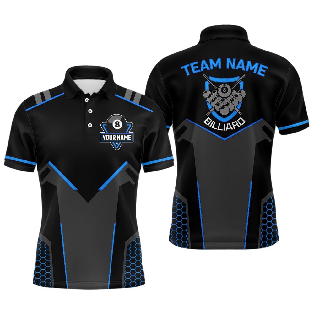 Style Black Blue 8 Ball Billiard 3D Polo Shirts, 8 Ball Pool Team Polo, Personalized Billiard Polo Shirt