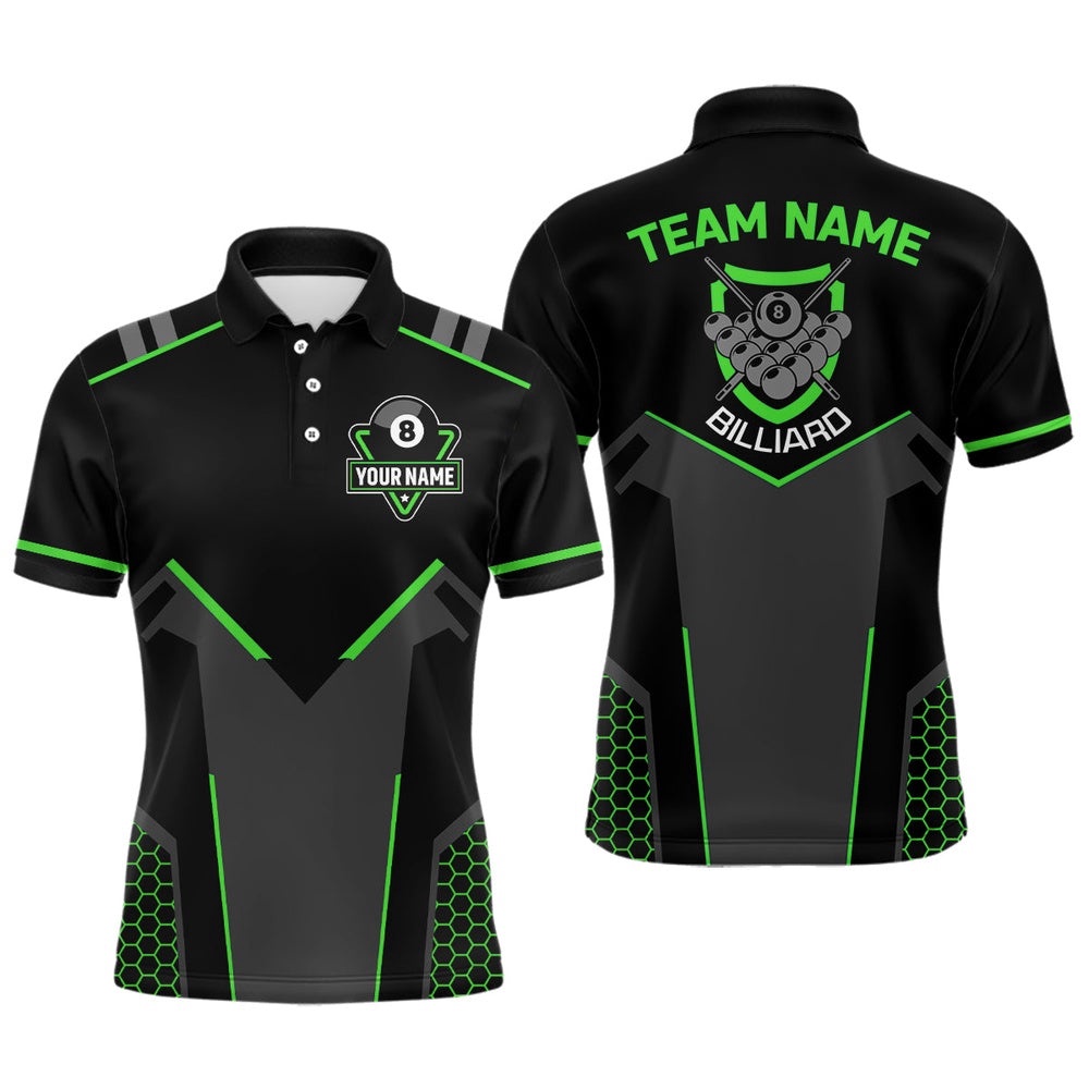 Style Black Green 8 Ball Billiard 3D Polo Shirts, 8 Ball Pool Team Polo, Personalized Billiard Polo Shirt