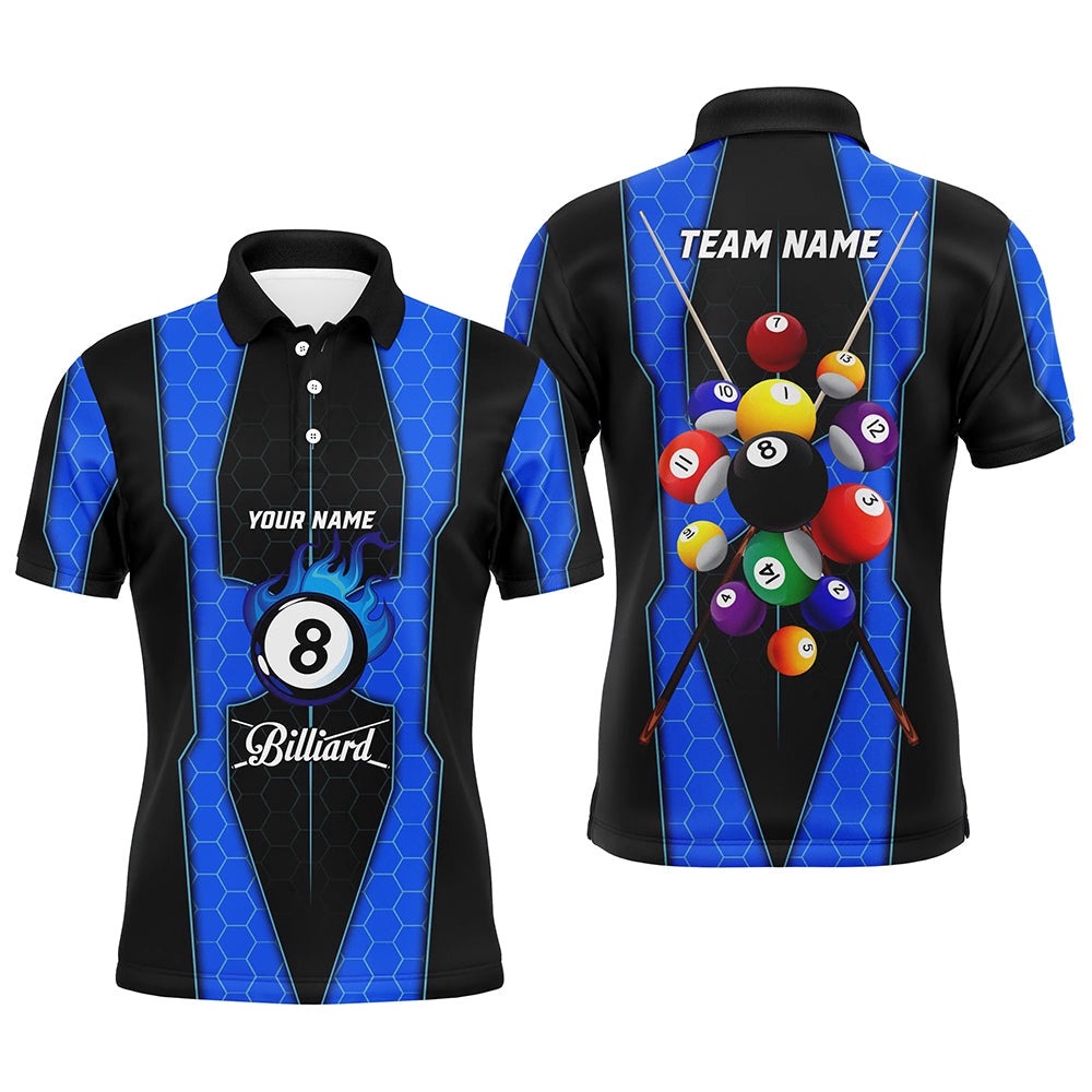 Style Blue Fire 8 Ball Billiard 3D Polo Shirts, Custom Pool Balls Team Polo, Personalized Billiard Polo Shirt