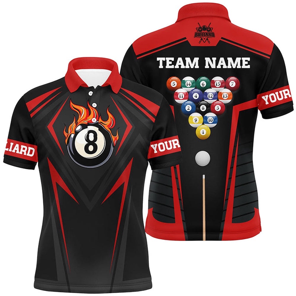 Style Red Fire 8 Ball Billiard 3D Polo Shirts, Custom Pool Balls Team Polo, Personalized Billiard Polo Shirt