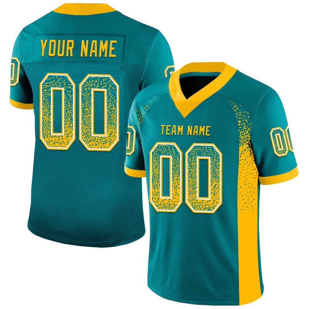 Teal Gold White Mesh Drift Fashion Football Jersey, Personalized Football Jersey, Football Team Jersey, Football Outfits Teal Gold White Mesh Drift Fashion Football Jersey, Personalized Football Jersey, Football Team Jersey, Football Outfits